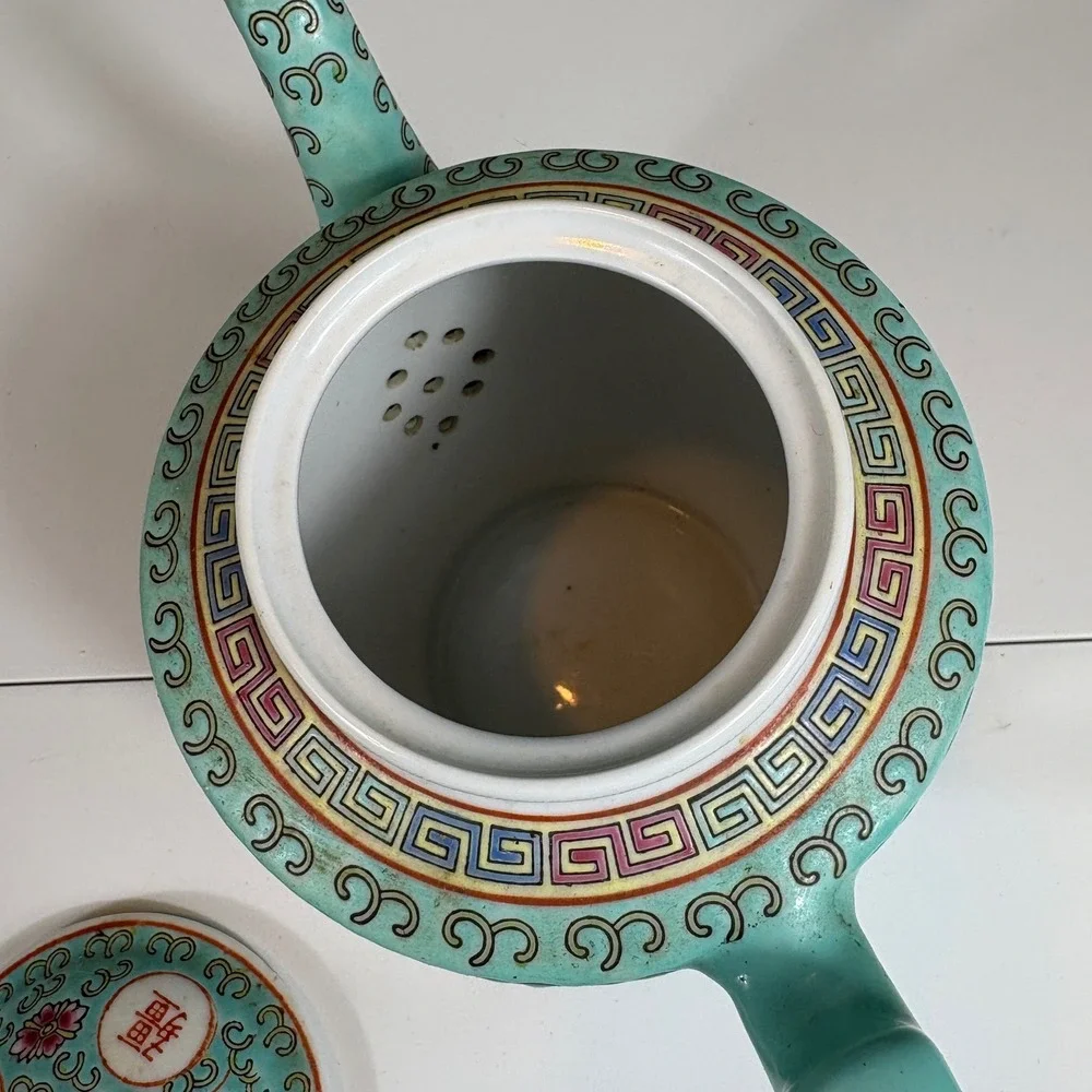 Jingdezhen Porcelain Teapot Turquoise‎ Floral Asian China Decor